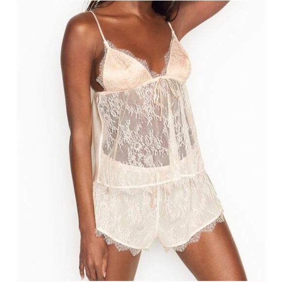 NWT Victorias Secret Satin Sheer Lace Top & Bottom Ivory Size Large - Picture 1 of 6